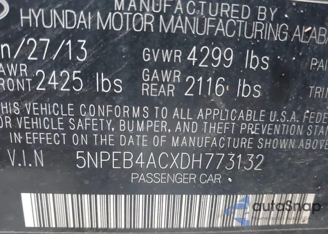 2013 Hyundai Sonata Gls from USA, damaged, VIN 5NPEB4ACXDH773132